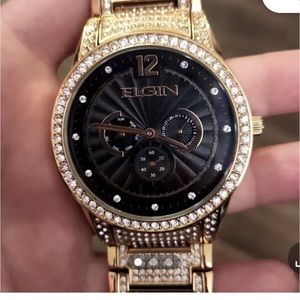Elgin Adult Men's Analog Watch with Black Dial Pave Dial and Crystals FG16003G